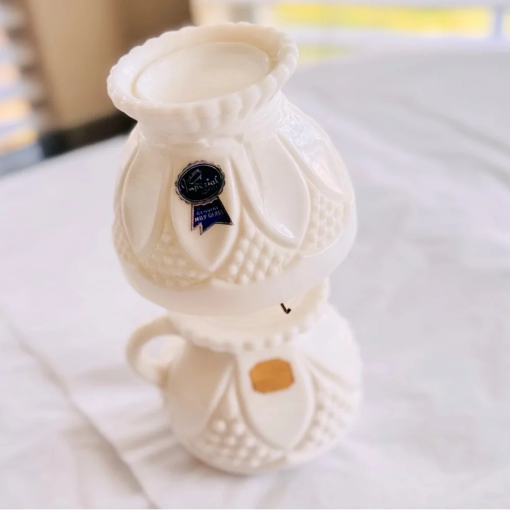 IMPERIAL Vintage Glass Hobnail Tulip & Cane White Milk Glass Mini Oil Lamp
